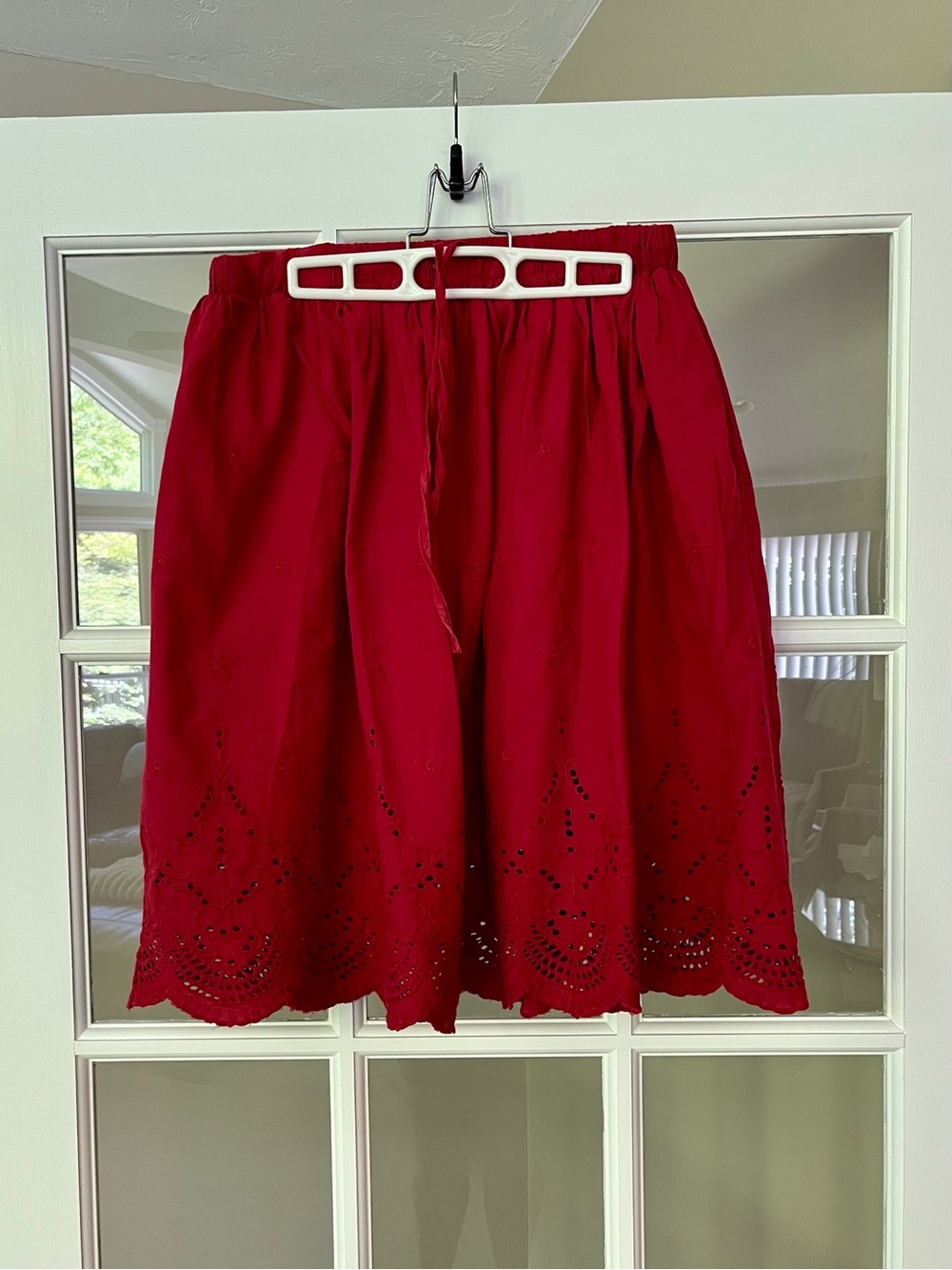 Red eyelet cotton midi skirt